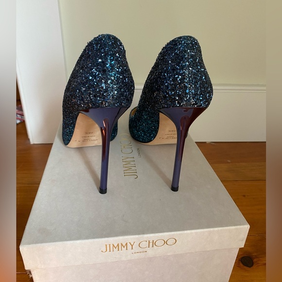 Jimmy Choo Peacock/Navy Romy 100 Glitter Ombré Heels - Picture 9 of 11